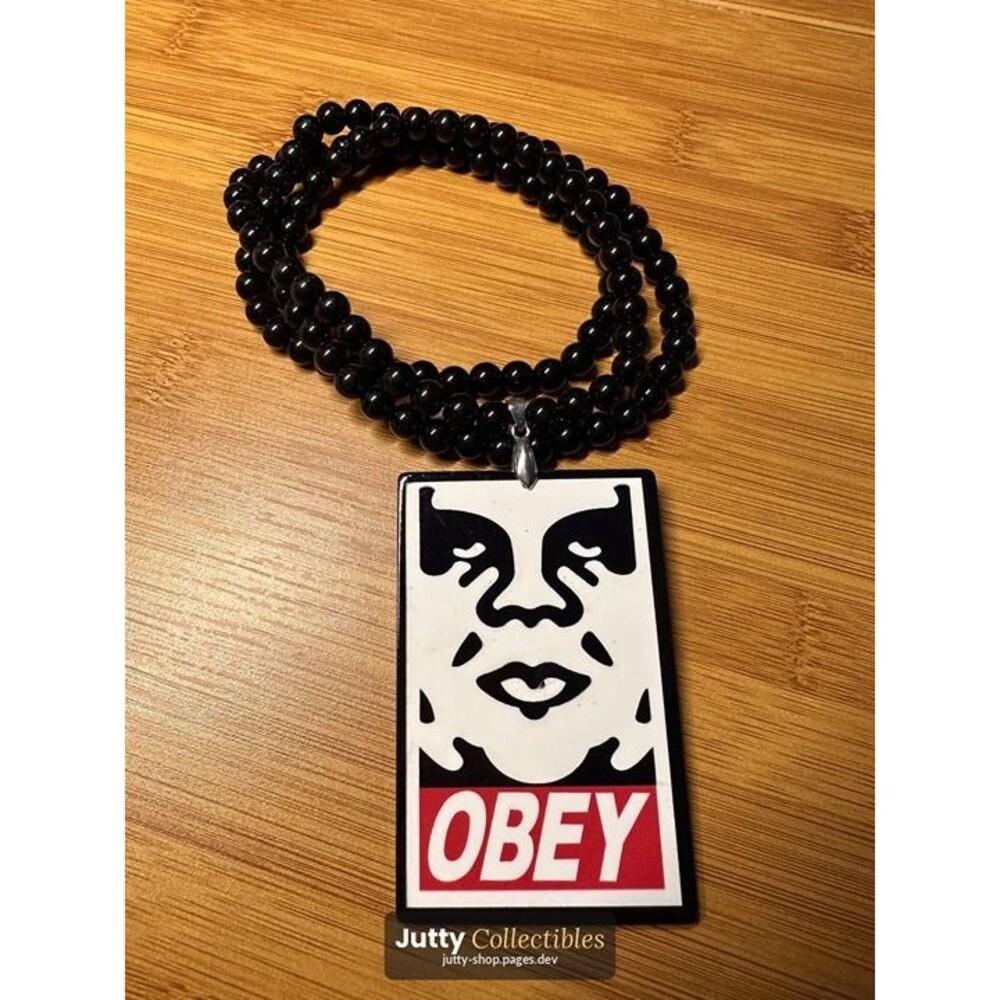 obey shepard fairey bead necklace pendant streetwear wood acrylic beads nwt
